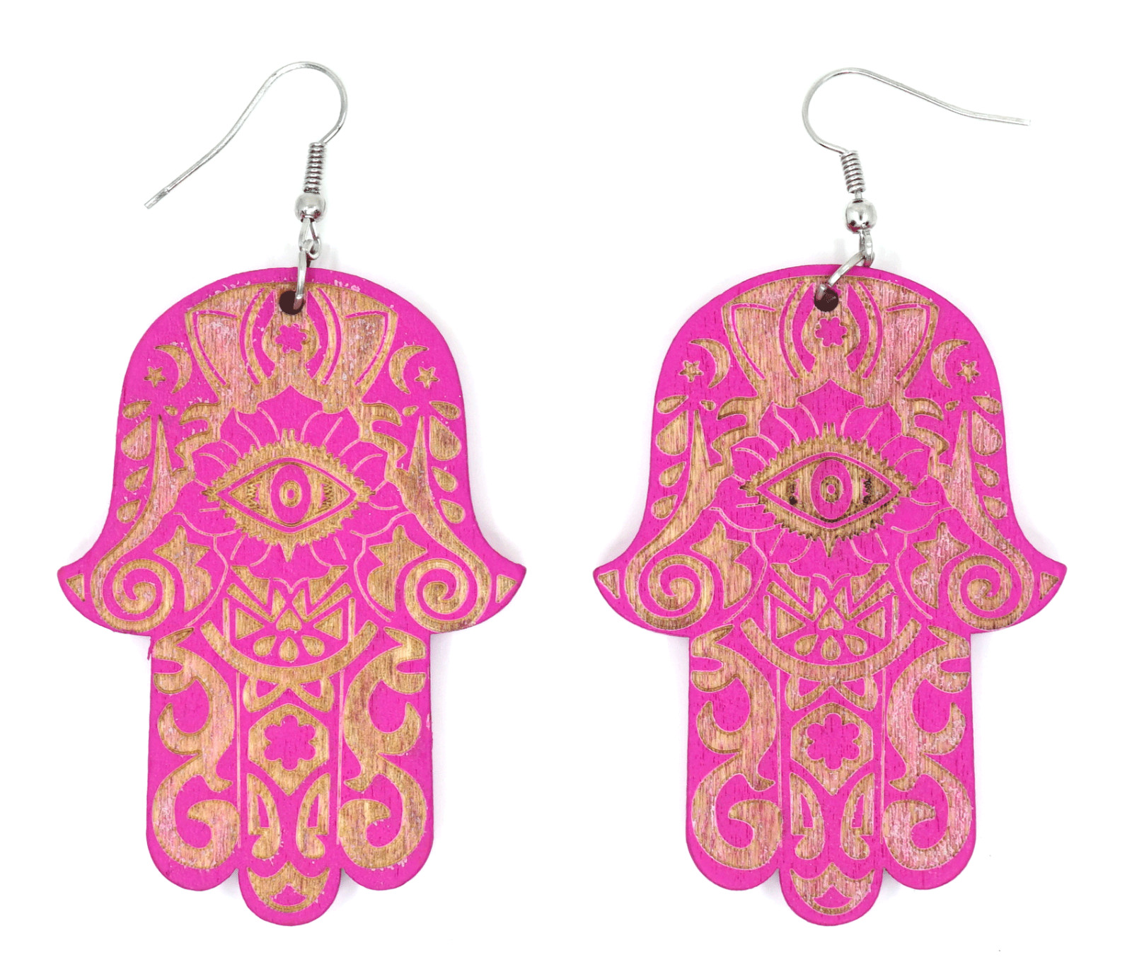 TB Hamsa Hand of Fatima Evil Eye Colorful Wood Natural Dangle Fashion Earrings