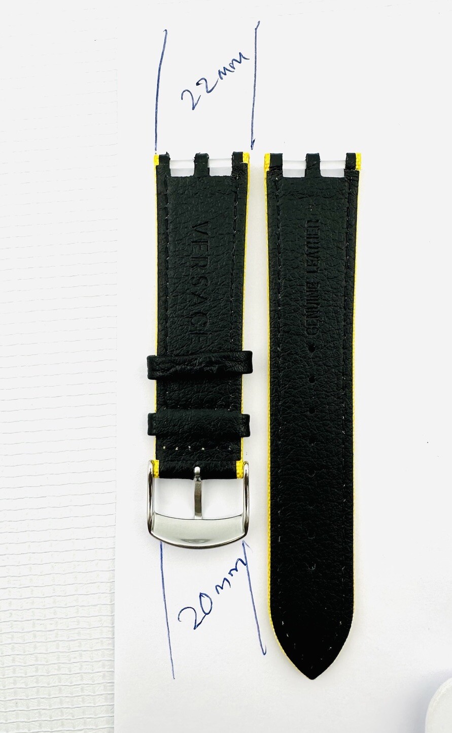 VERSACE WATCH STRAP , VAH , BLACK + YELLOW STITCHING YELLOW , TONGUE BUCKLE