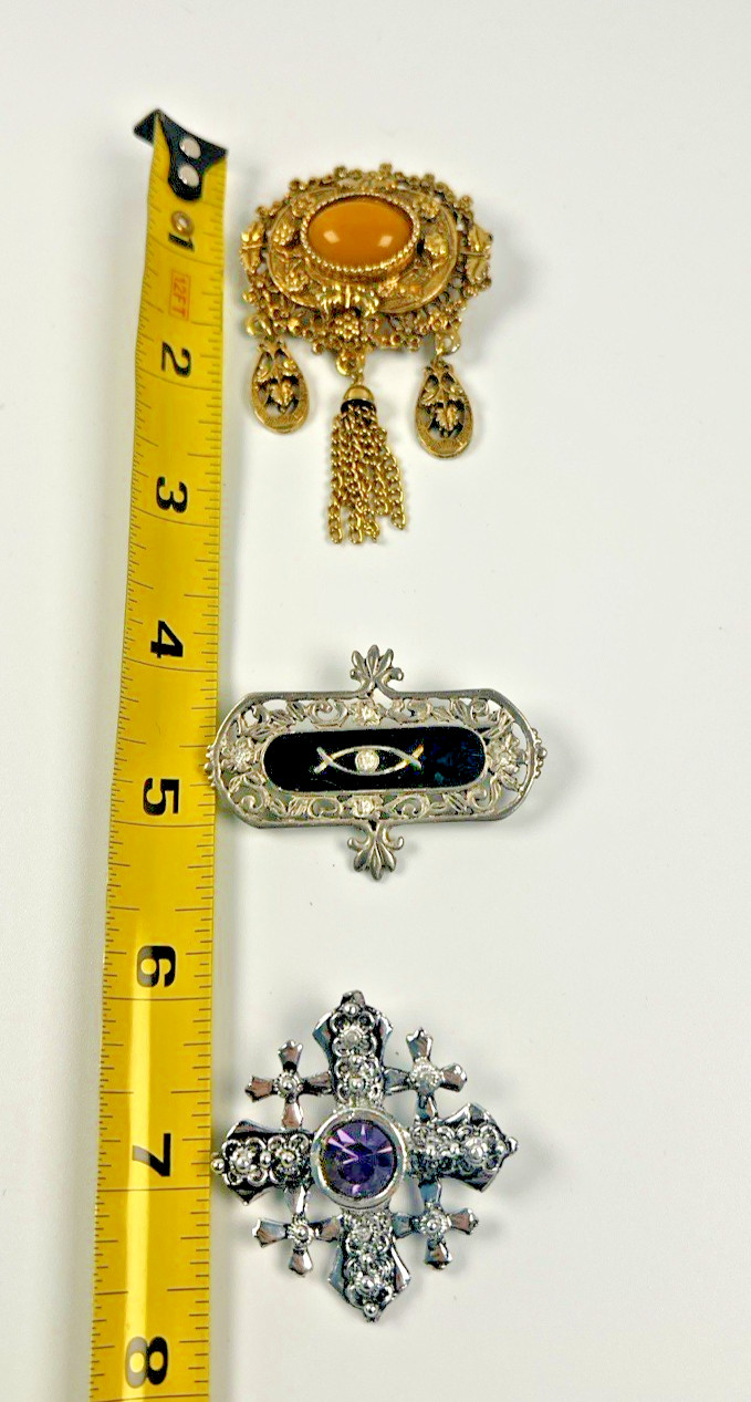 Lot Of 3 Victorian Revivial Brooches Jerusalemm Cross Mourning BroochAS-IS READ