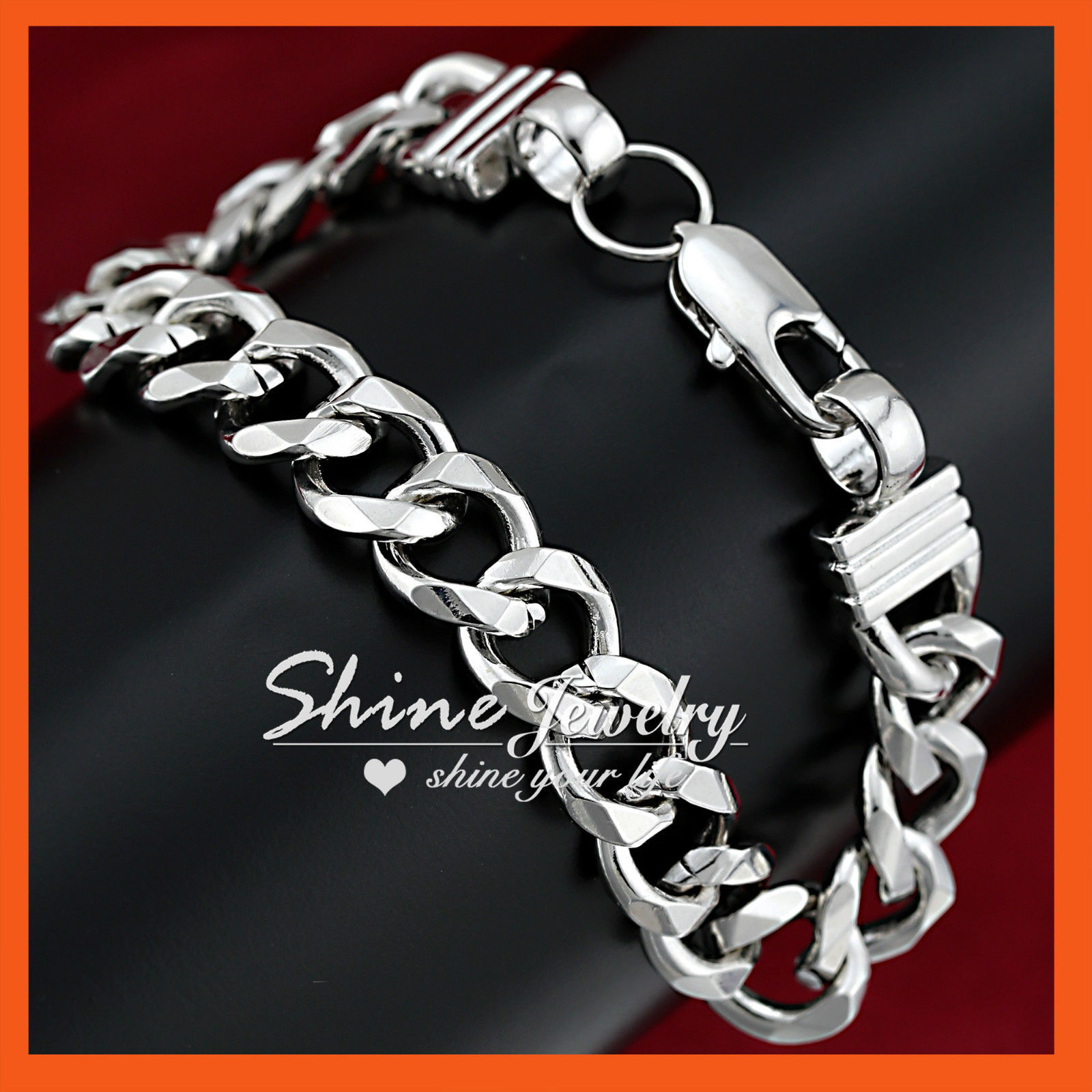 18K GOLD FILLED SILVER DIAMOND CUT WIDE RING CURB 23cm SOLID MENS WOMEN BRACELET