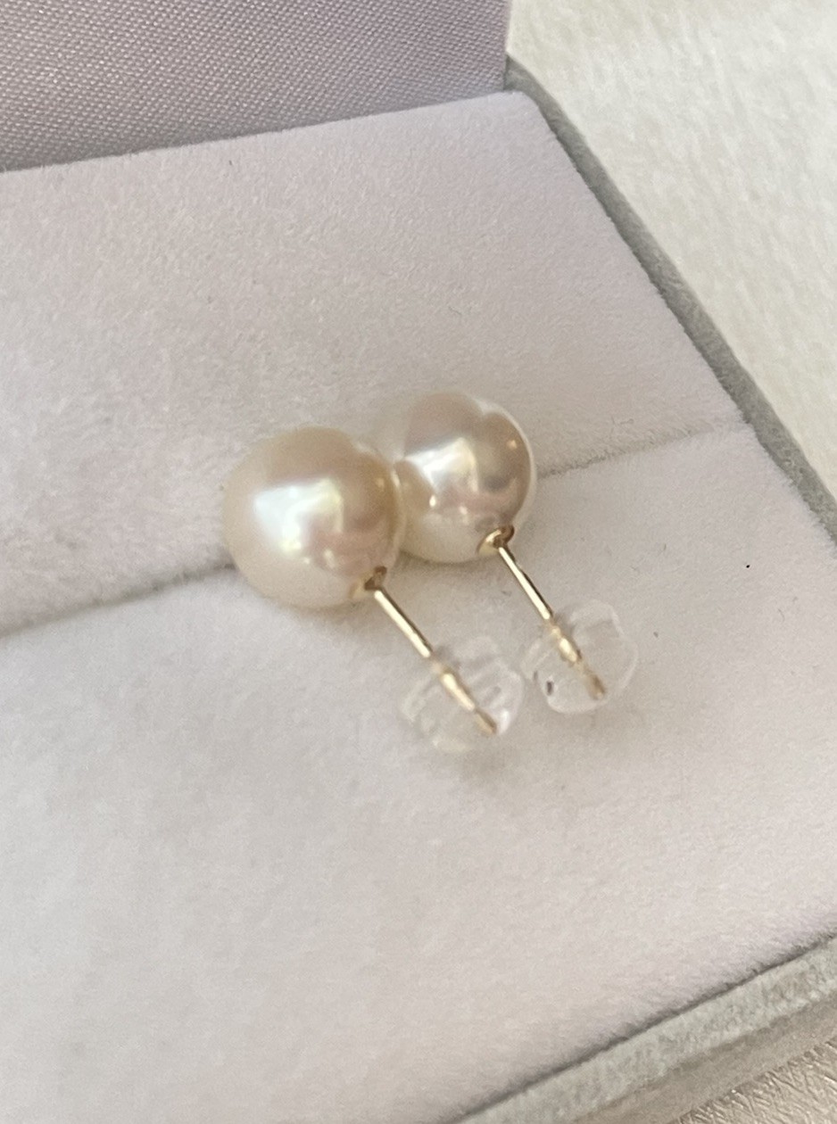 Japanese Akoya Pearl Stud Earrings 9mm Untreated Natural Color K14 Solid Gold
