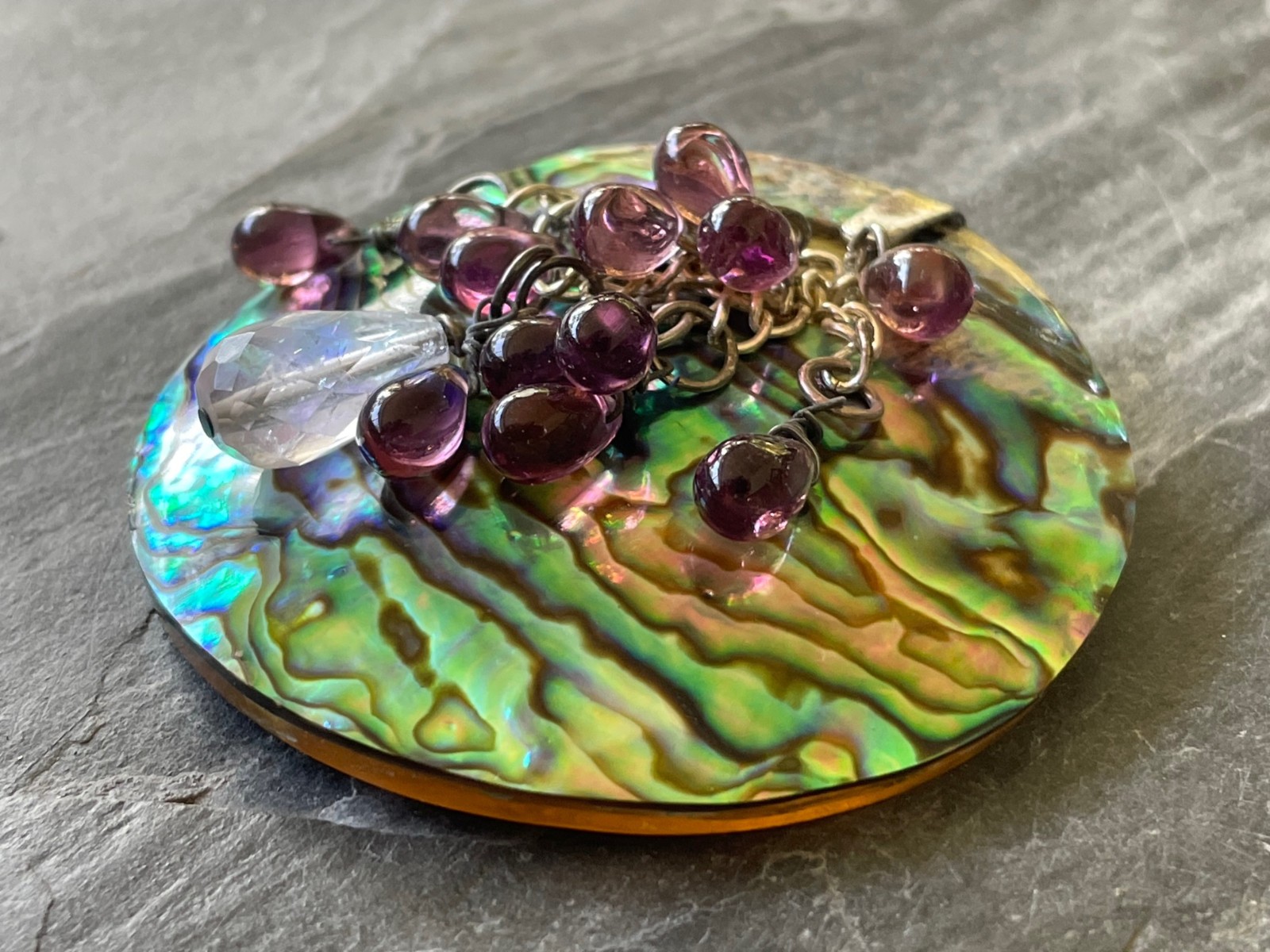 Vintage Abalone Shell Carved Pendant 925 Bail Fun Qwerky Colorful Estate Vtg