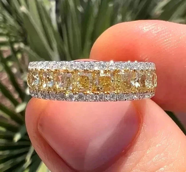 3.00Ct Cushion Cut Lab Created Citrine Eternity Band Ring 14K White Gold Plated