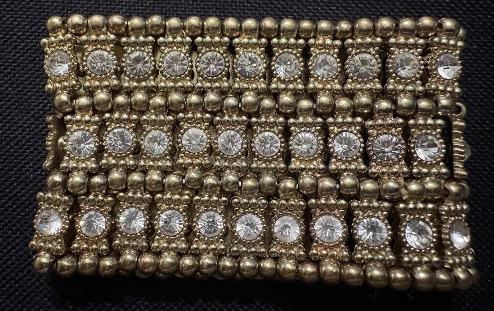 Gold Tone Beaded Cuff Stretch Bracelet Clear Round Simulated Crystal Bezel Snap