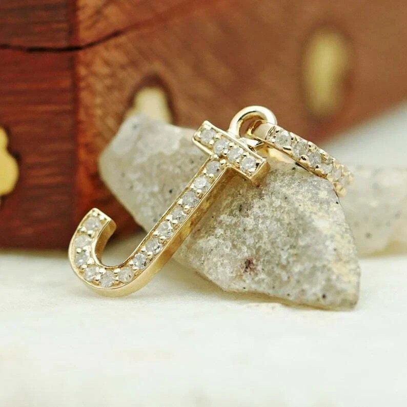 1/4CT Round Real VVS Moissanite J Letter Pendant Necklace 14K Yellow Gold Plated