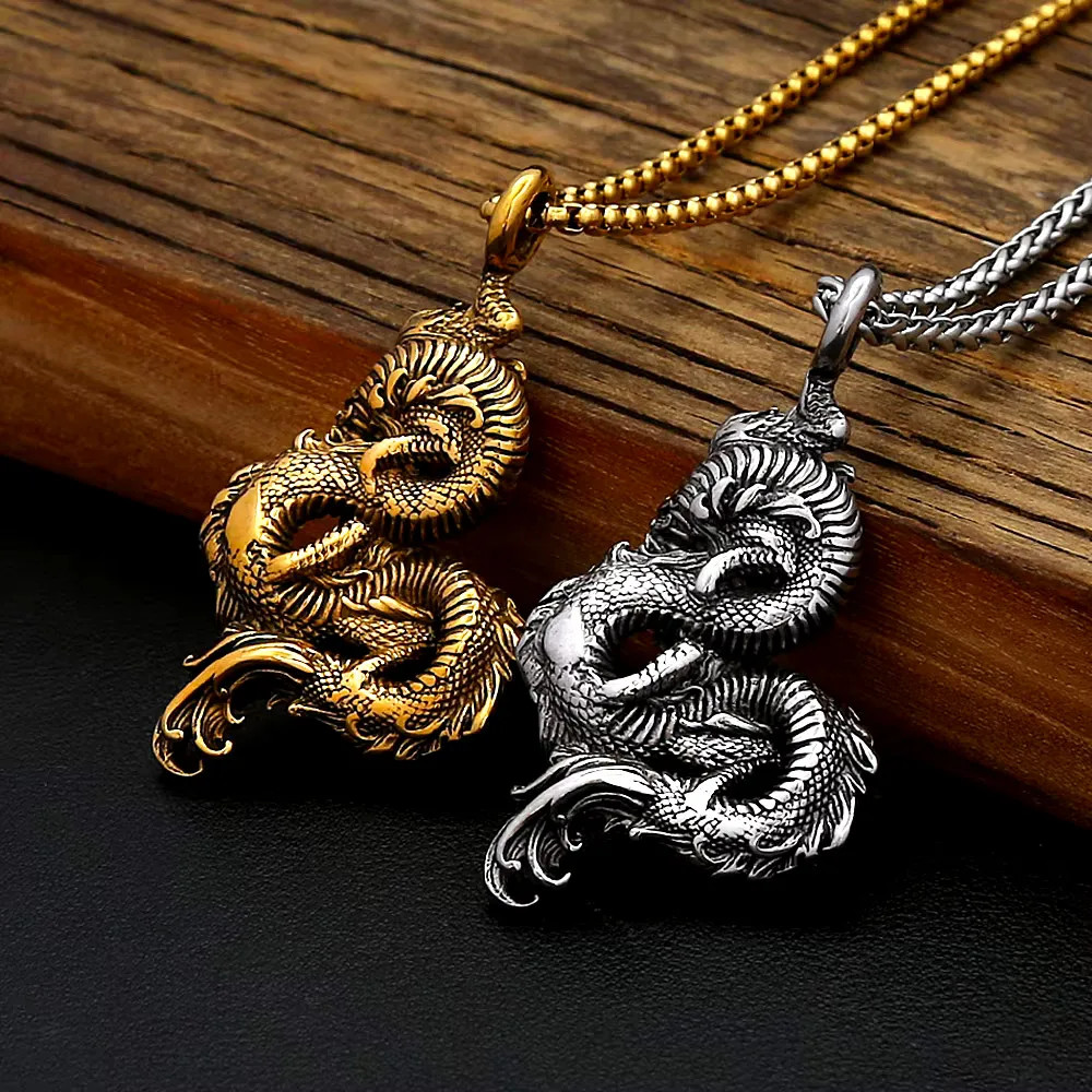 Antique Gold Silver Two Tone Stainless Steel Chinese Dragon Amulet Necklace Punk