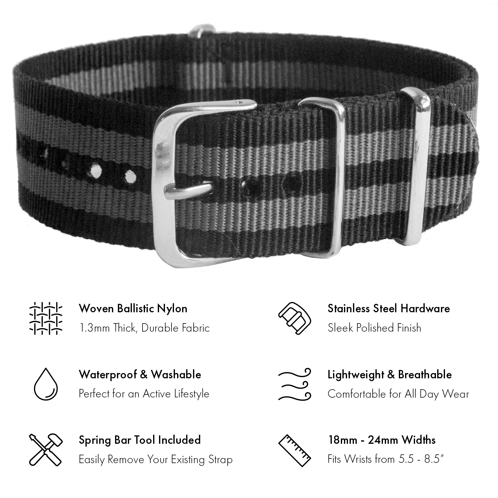 Black / Grey Striped Ballistic Nylon One-Piece Watch Band – 18, 20, 22 or 24mm
