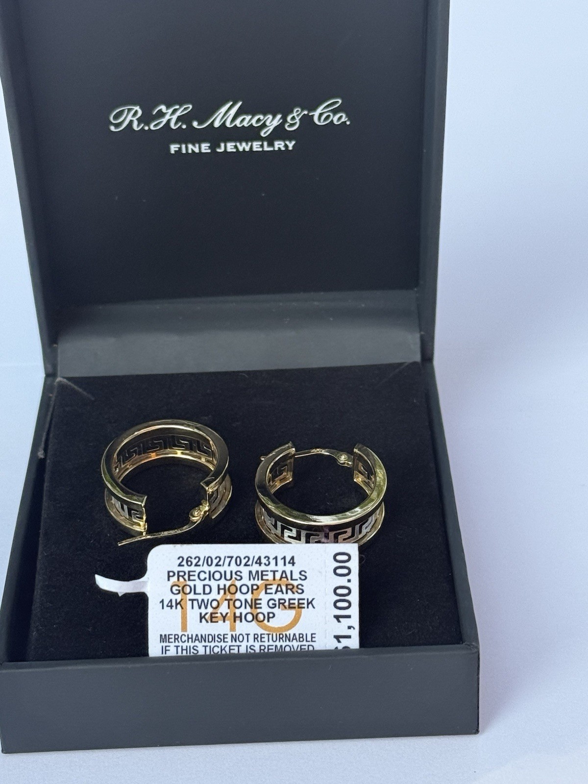14K Two-Tone Gold Greek Key Hoop Earrings 3g Macy’s Box Tag Excellent