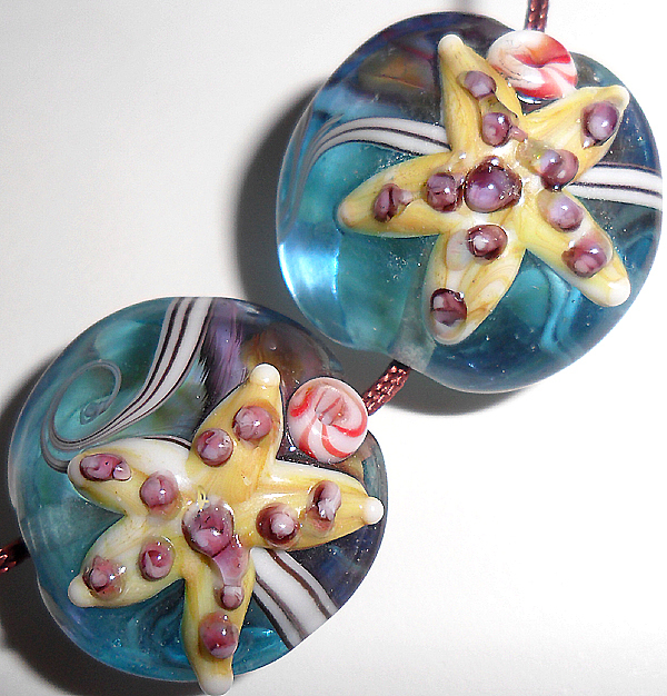 Handmade Lampwork Glass Lentil Bead Starfish Blue Sea Shell 19mm 4 beads (#str)