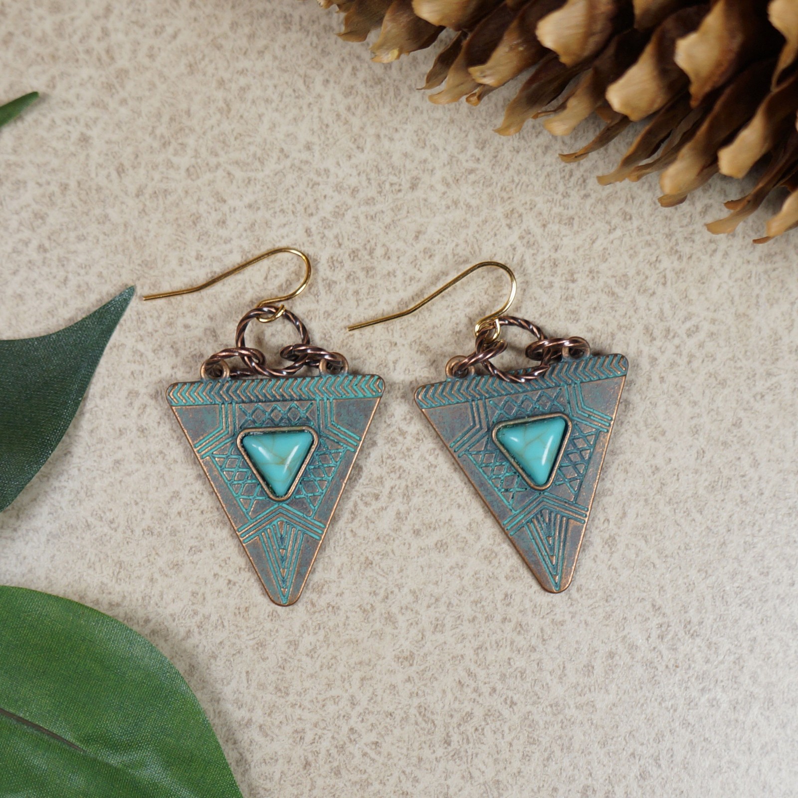 Minimalist Copper Patina and Turquoise Boho Dangle Earrings, 18K Gold Ear Wires
