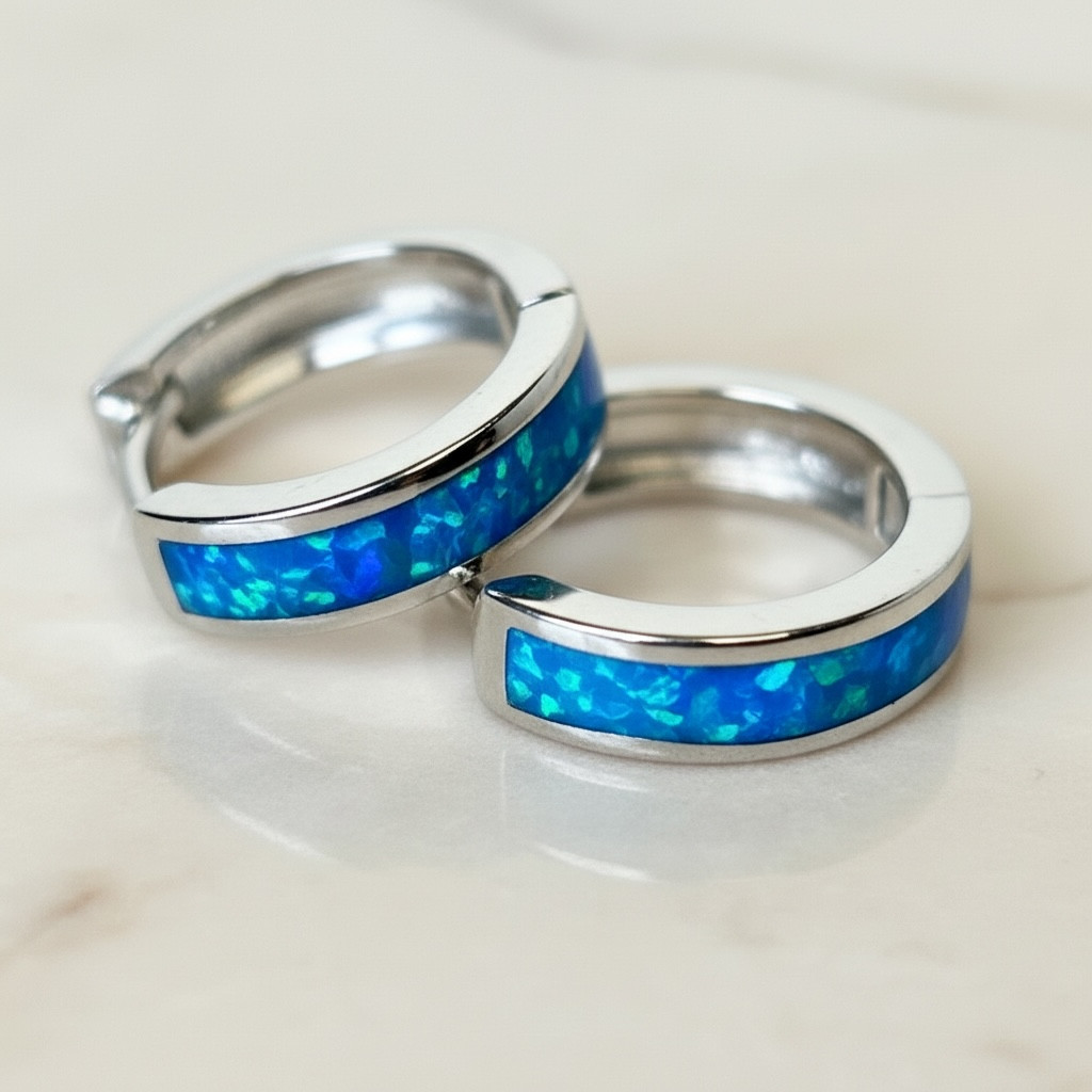 Opal Hoop Earrings | Elegant Silver Opal Huggie Set | Everyday White & Blue Opal