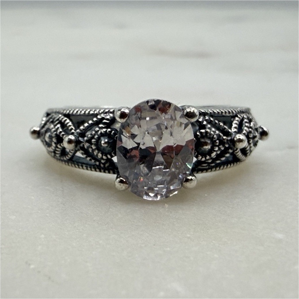 Sterling Silver 925 Ring Oval White/Colorless Cubic Zirconia Prong Size 7, 3.29g