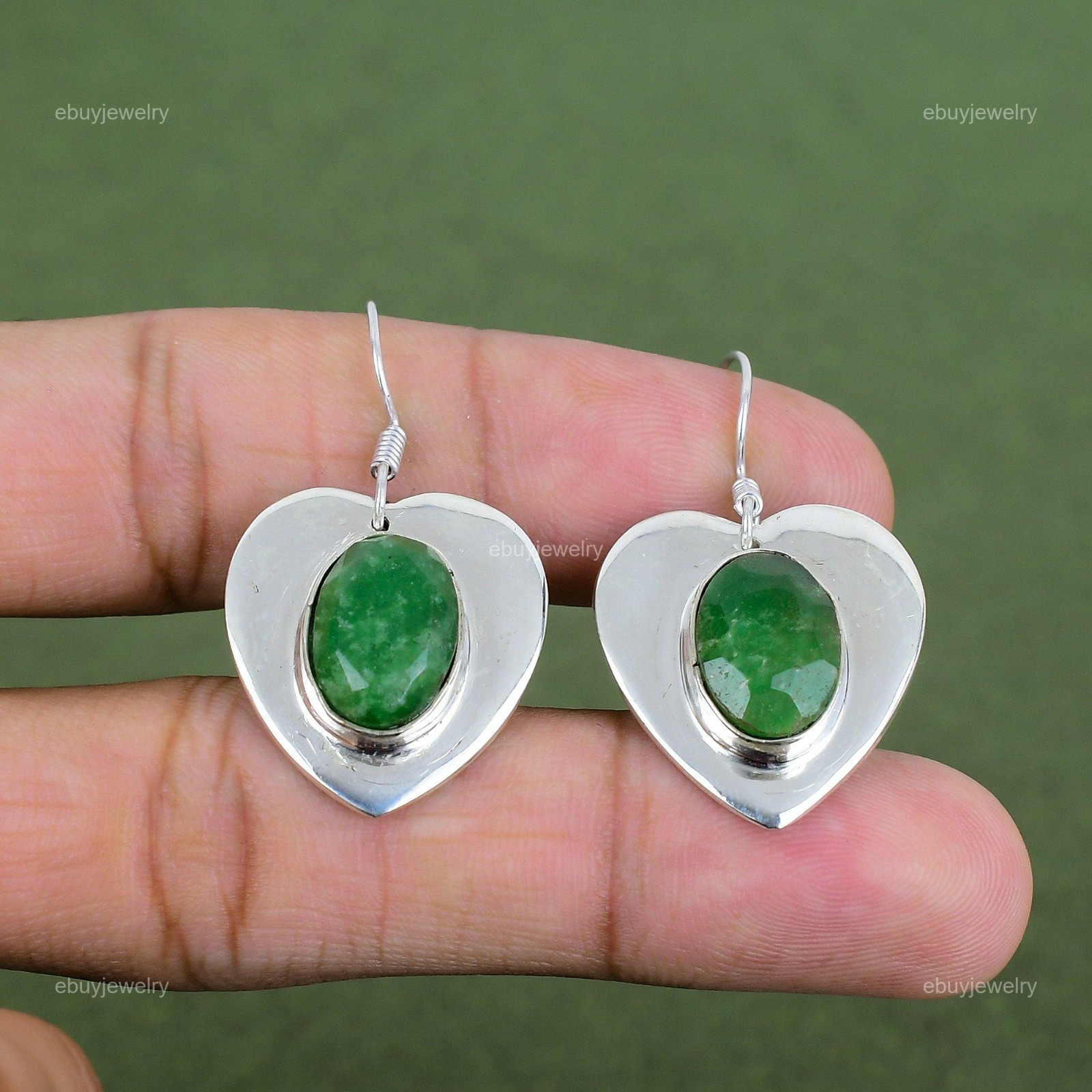 925 Sterling Silver Zambian Emerald Gemstone Dangle Drop Mother Heart Earrings
