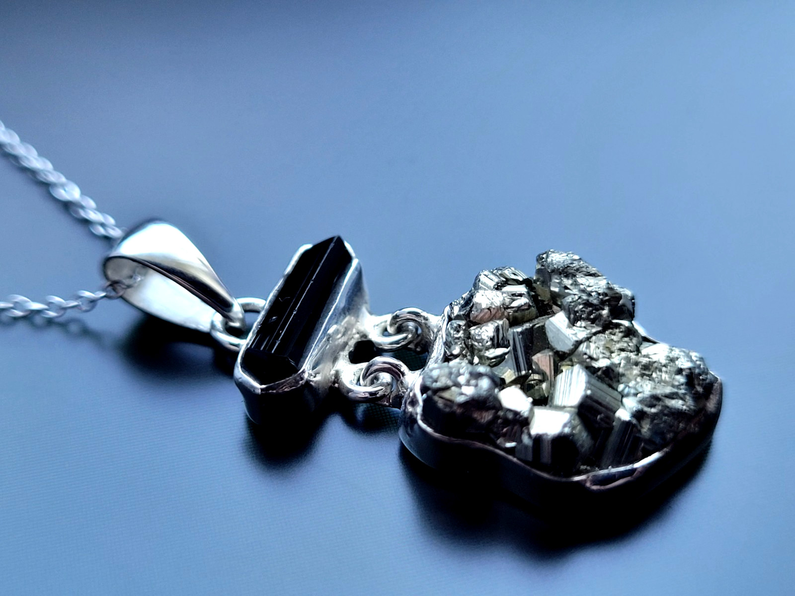 925 Silver Necklaces Pendant Black Tourmaline + Pyrite Druze Gemstone Jewellery