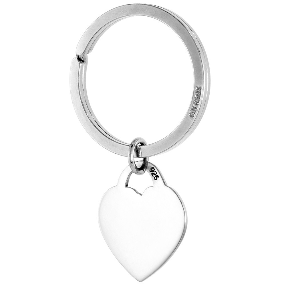 925 Sterling Silver Plain Heart Tag Key Split Ring 1 5/16 Inch (33mm) Wide