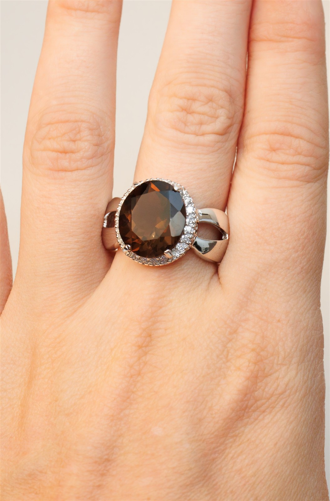 Size 8.75 Brown Smoky Quartz Cocktail CZ Halo Sterling Silver Ring
