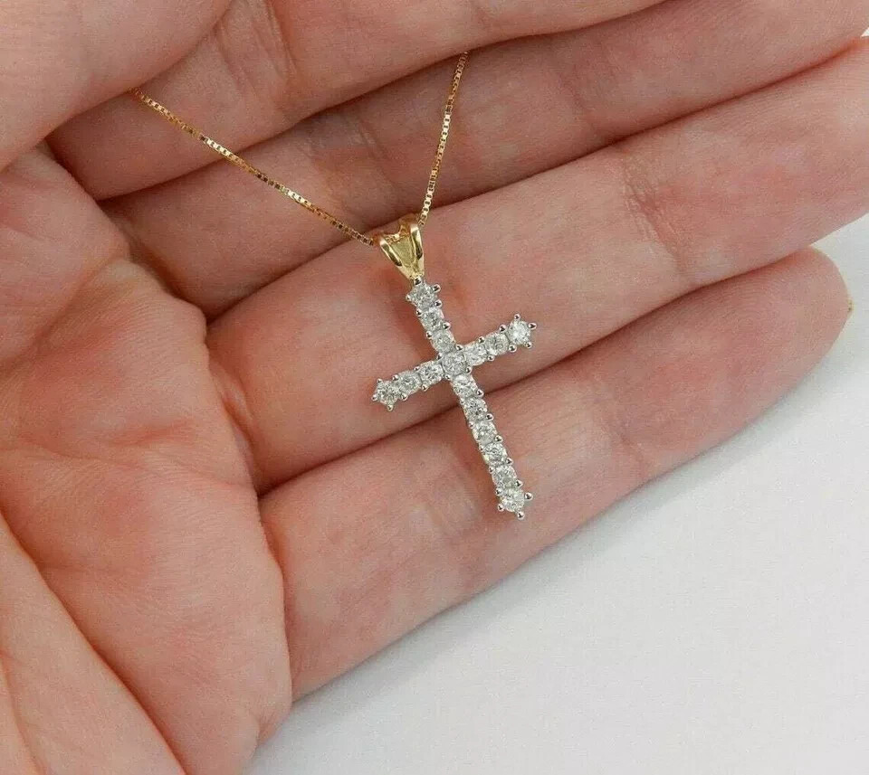 2 CT Round Cut Diamond Cross Pendant Necklace 14K Yellow Gold Over Free Chain