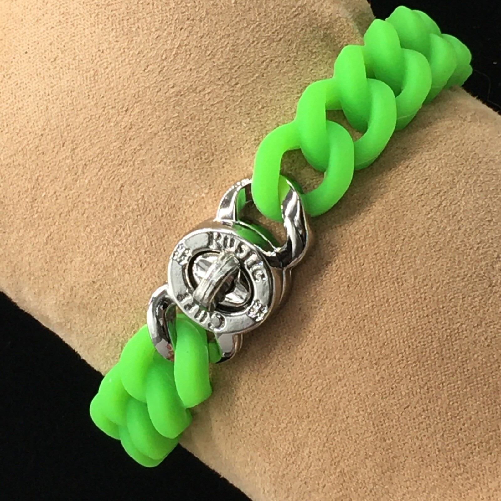 Rustic Cuff Silver Tone TurnLock Lime Green Silicone Stretch Mock Chain Bracelet