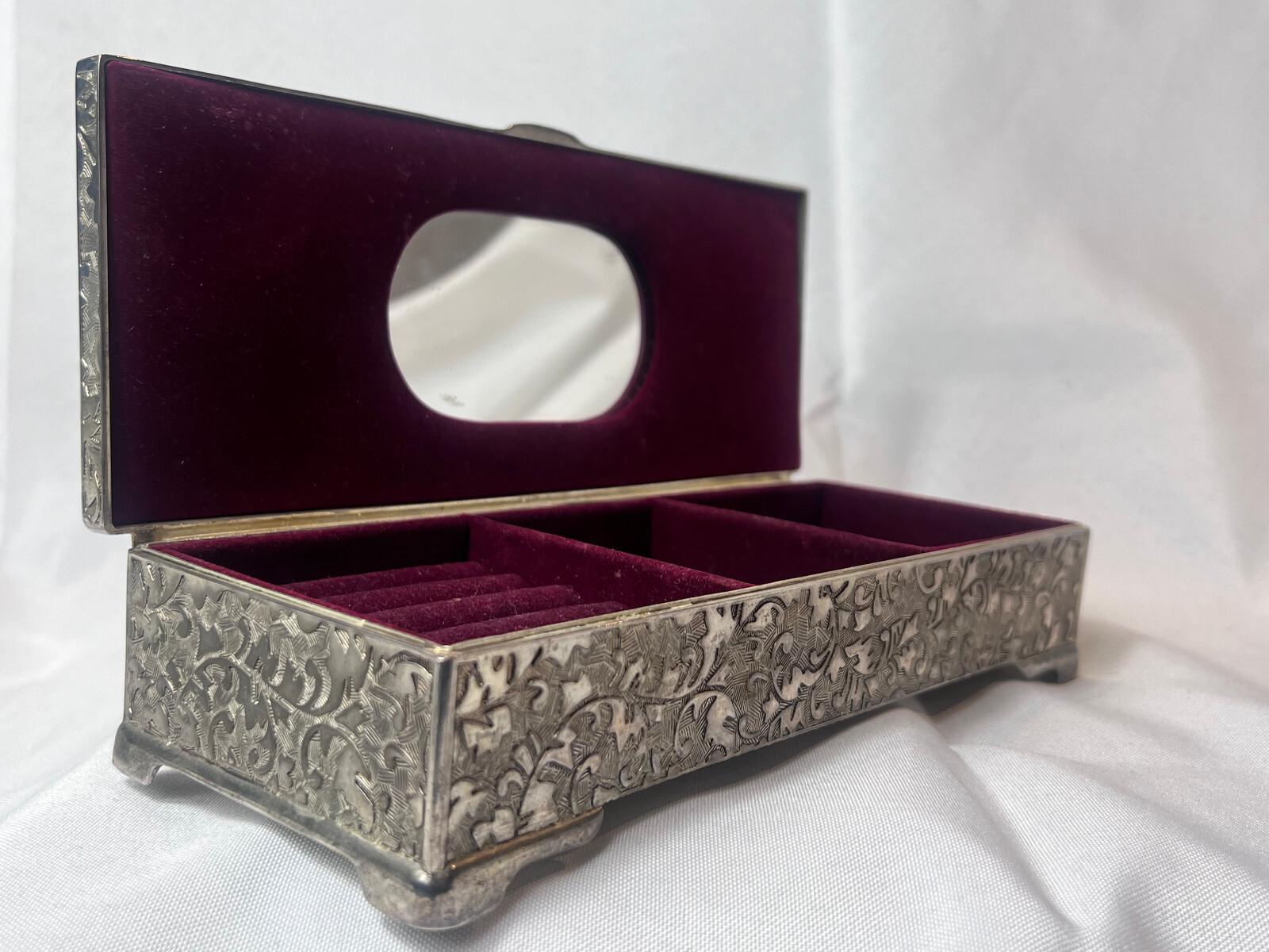 Vtg Silver Tone Jewelry Box Mirrored Dresser Vanity Table Top Lined Case