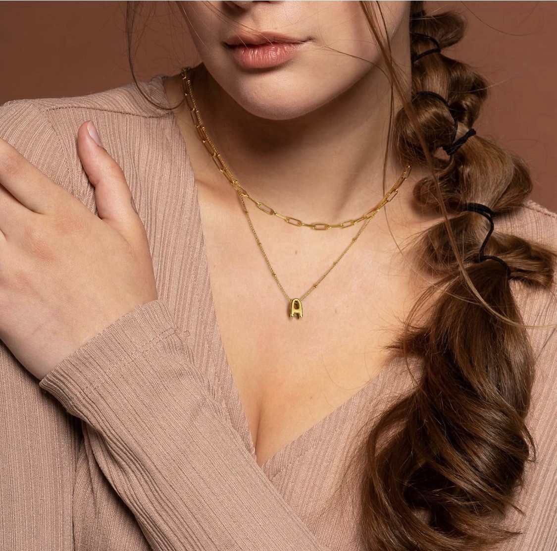 Gold Tone Layered Paperclip Chain Alphabet Letter Pendant Necklace