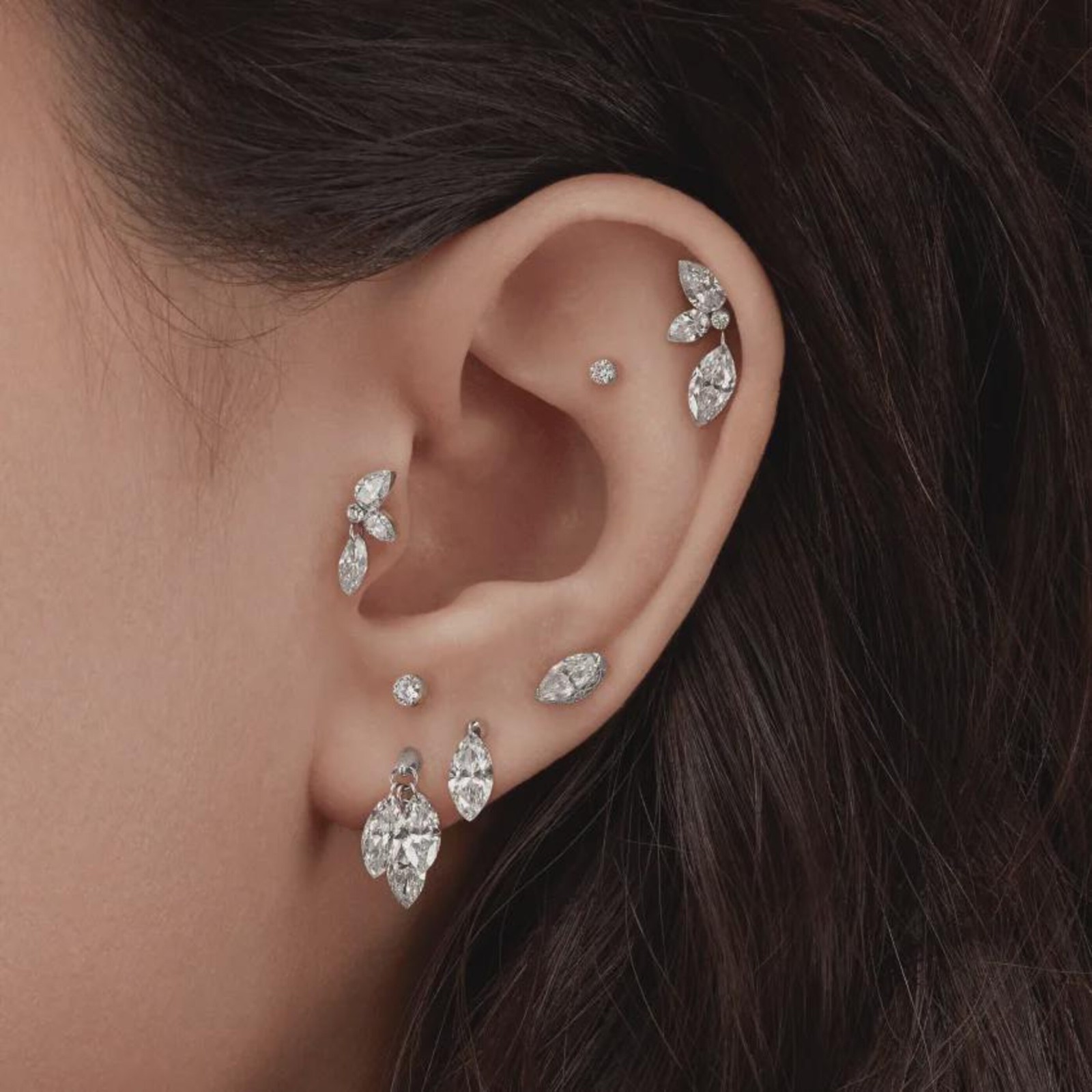 Marquise Trio Moissanite Drop Stud Helix 925 Sterling Silver