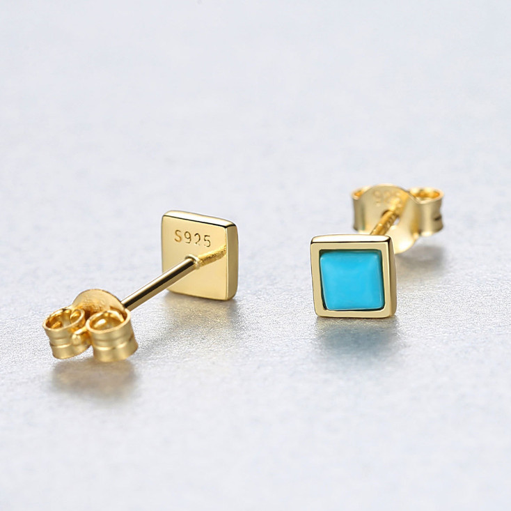 14K Gold Sterling Silver 4mm square beaded Turquoise post stud earrings Box PE44