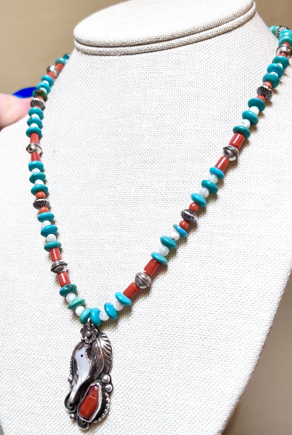 LOVELY Native, Navajo Signed Sterling Silver Turquoise, Coral, Etc Bird Necklace