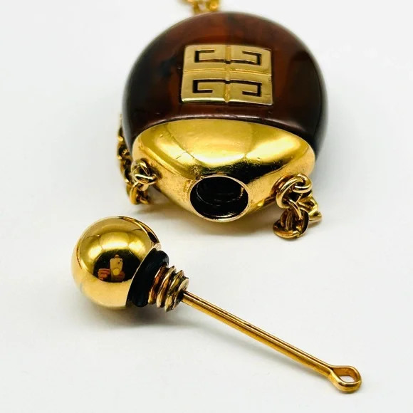 Vintage Givenchy 1977 Perfume Pendant Monogram Logo Tortoise Shell Stone 28″
