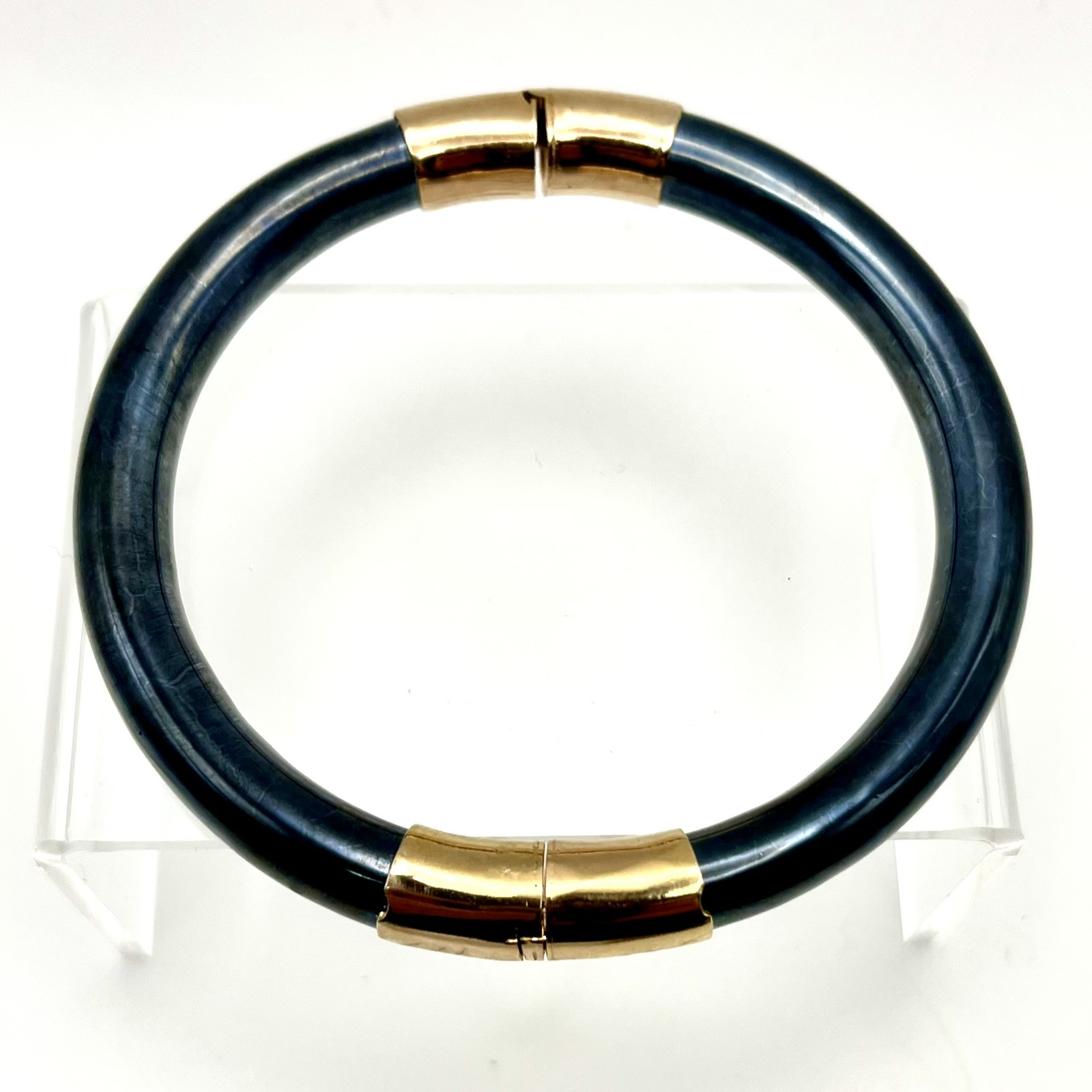 Vintage Midcentury Hinged Bangle Bracelet Chinese Slate Blue Iridescent Glass