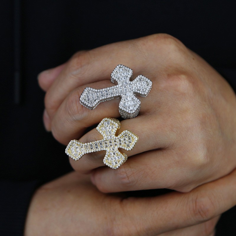 18K Gold Plated Iced CZ Out Cross Ring For Men White Gold Plated Fashion Jewelry