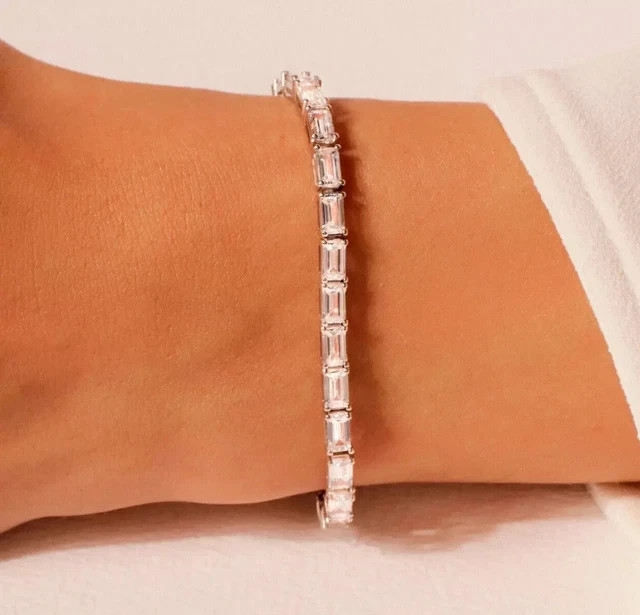 Emerald Cut Bridal Tennis Bracelet 9Ct Lab Created Diamond 14K White Gold Plated