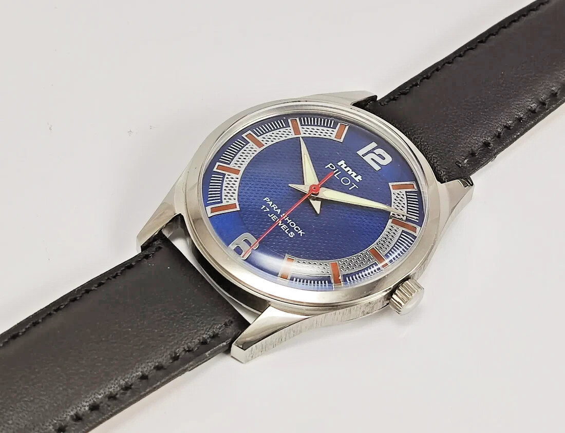 HMT Pilot Blue Dial 17 Jewels Hand winding Transparent Back Men’s Wrist Watch
