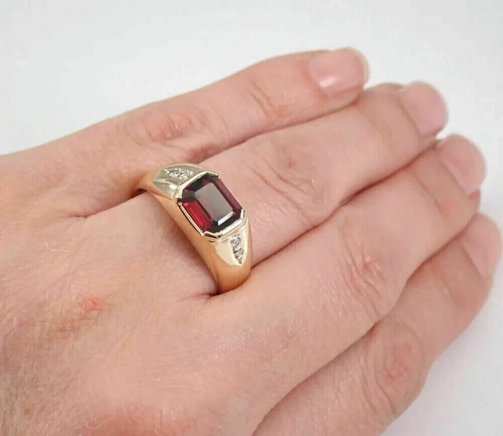 Emerald Cut Simulated Garnet & Diamond Engagement Ring 14K Yellow Gold Plated