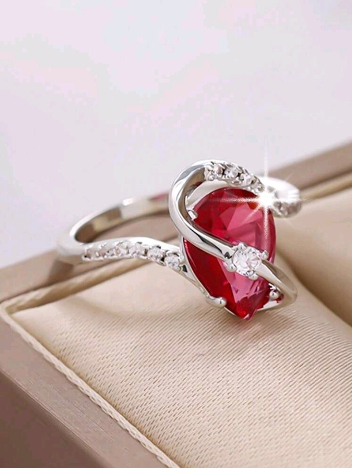 Silver-Plated Copper Ring Pear-Shaped Hot Pink CZ White/Colorless Inlay Size 8
