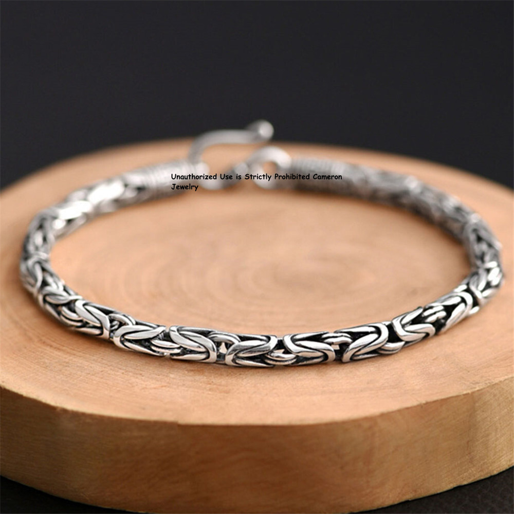 Pure S925 Sterling Silver Chain Men Women 4mm Byzantine Link Bracelet 6.7-8.7inL