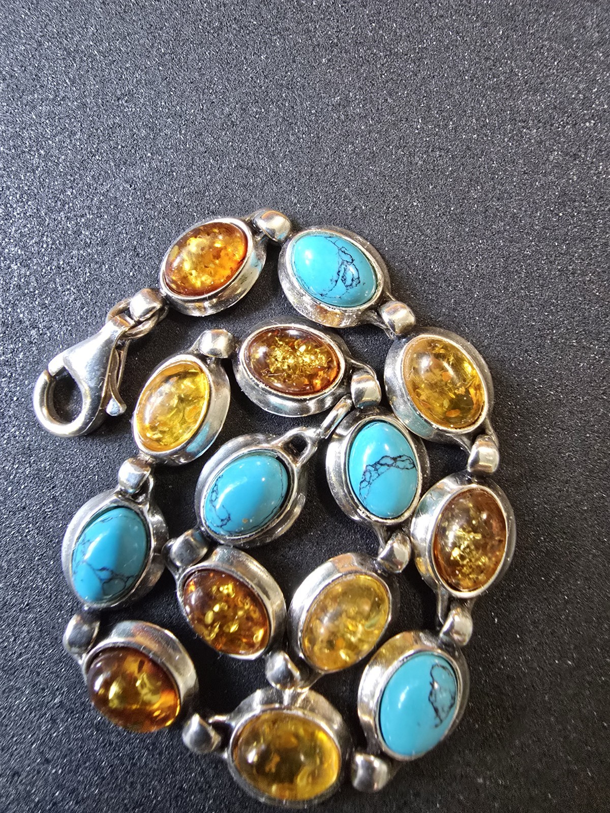 Gemstone Link Bracelet Sterling Silver with Baltic Amber and Turquoise 7.25″