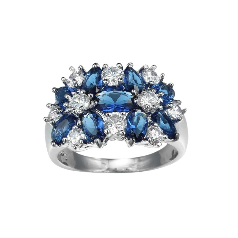 White Gold Plated Red/Purple/Blue Clear Cubic Zirconia Flower Ring Size 6-9