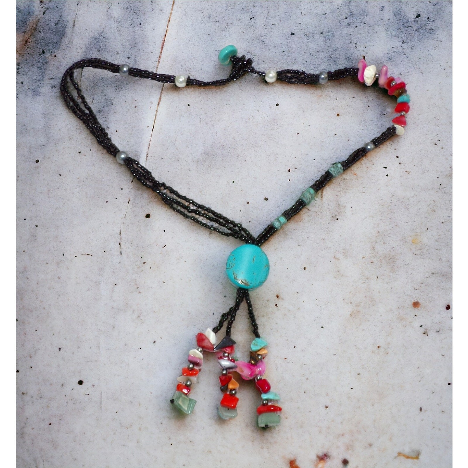 Handmade Beaded Necklace Dyed Howlite Jasper Green Aventurine 16″ Long