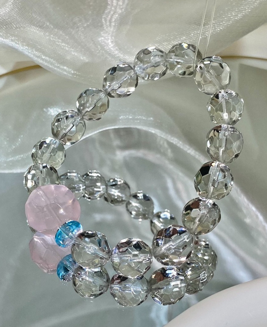 LUSA FEELA Natural Green Pink Crystal Beaded Stretch Bracelet Gift Box