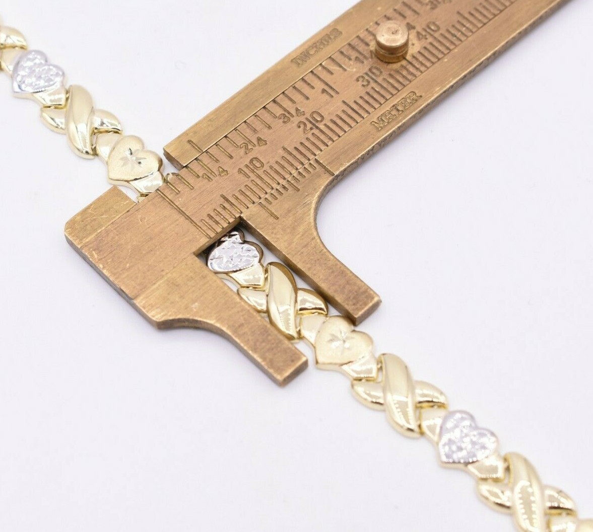 7.25″ Diamond Cut Hearts and Kisses Stampato Bracelet Real 10K Yellow White Gold