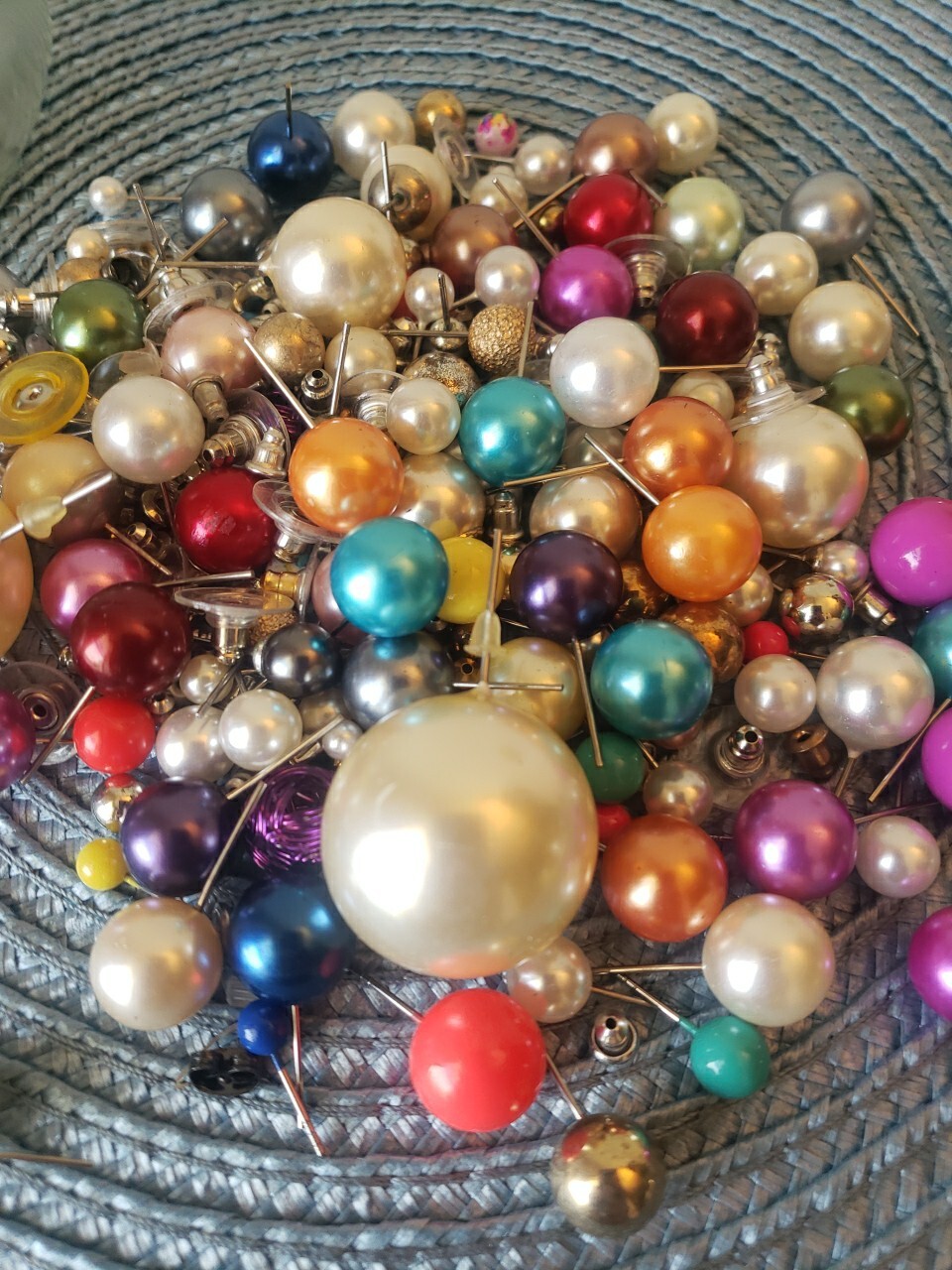 Lot Of Earrings In A 1/2 Pint Jar All Colored Balls Stud Matching And Cleaned