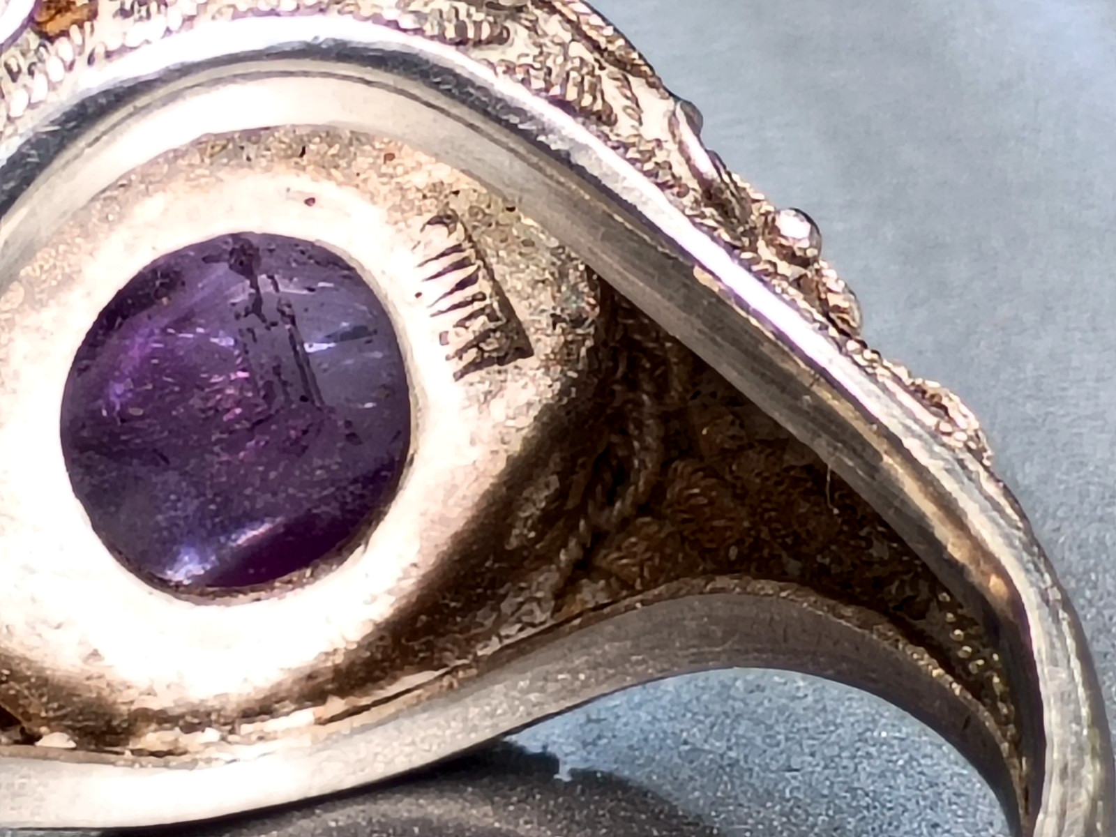 Antique Chinese Export Ring Large Amethyst Sterling Silver Filigree Cloisonné