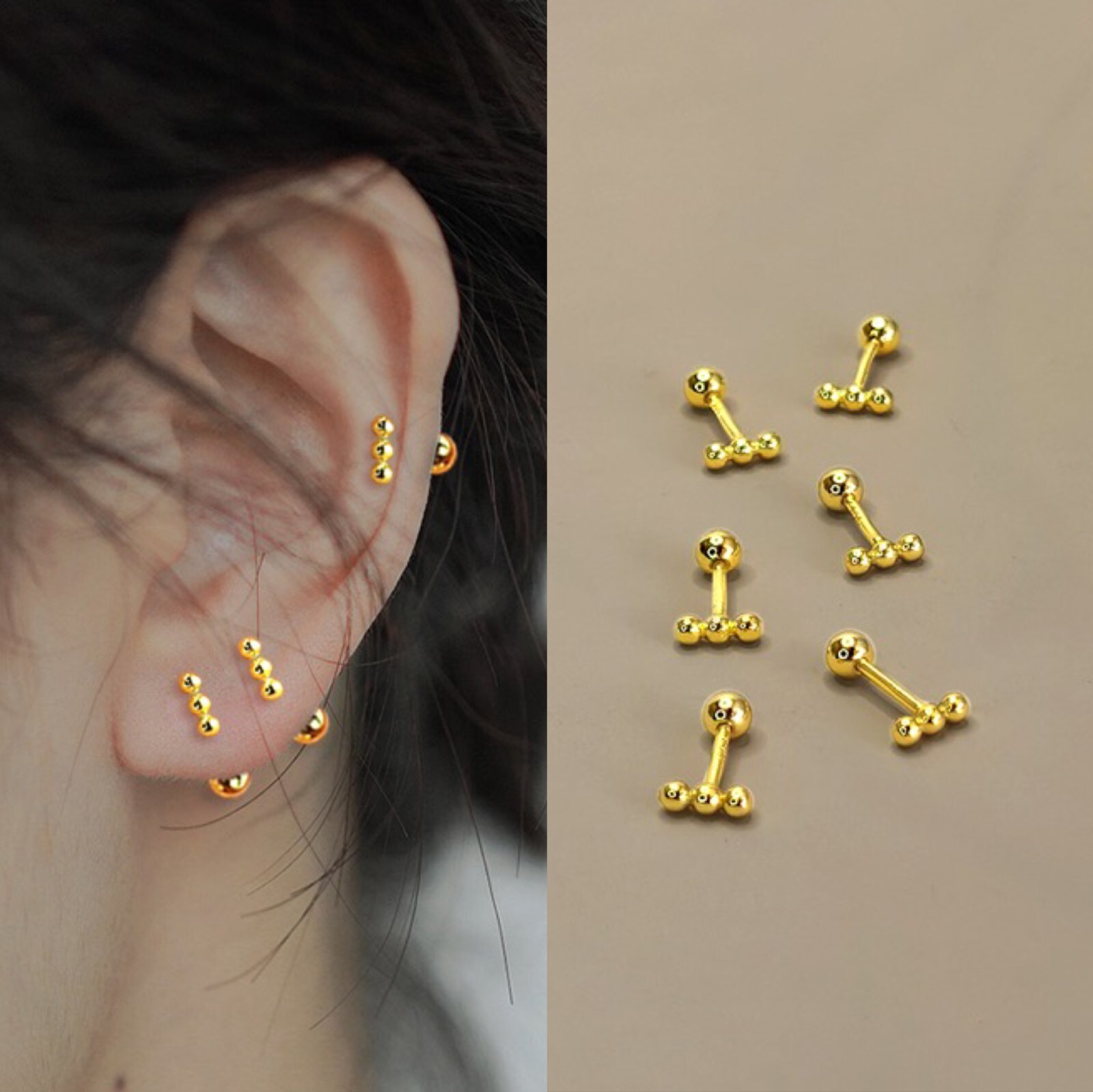 Women Gold Small Ball Bar Stud Earrings Surgical Steel Screw Back Jewelry Gift