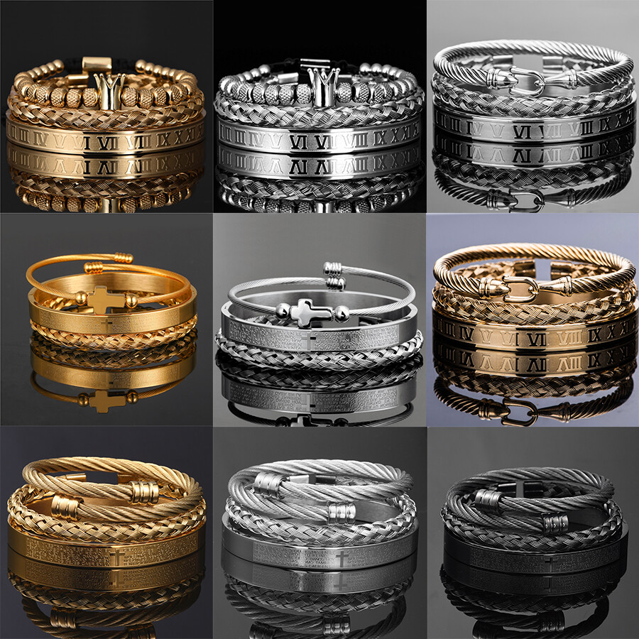 3Pcs Stainless Steel Bracelets Set Luxury Gold Roman Numeral Bangle Jewelry Gift
