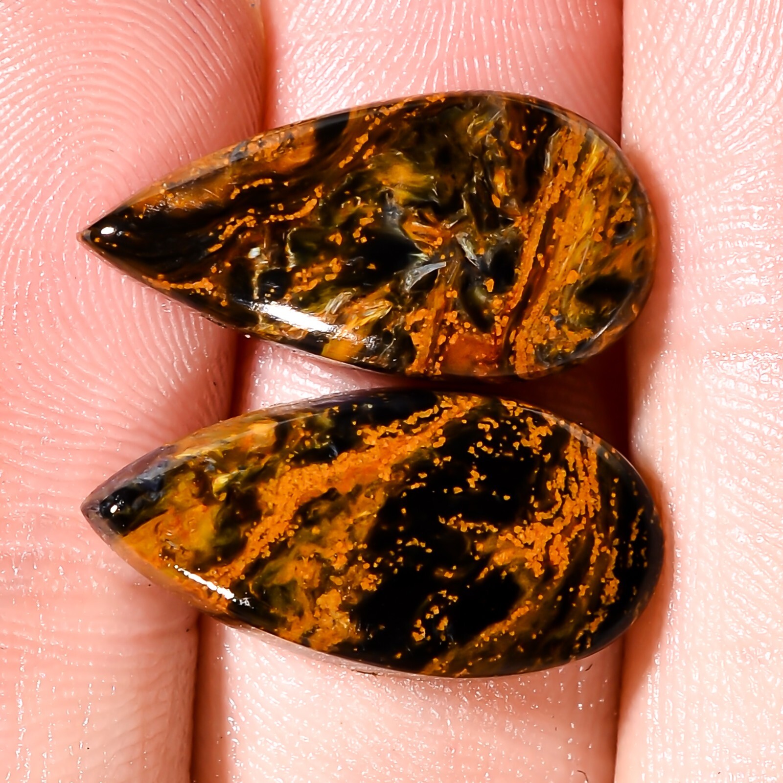 13.45 CTs Natural Golden PIETERSITE Pair Cabochon Pear Shape Gemstone 10x20x4mm