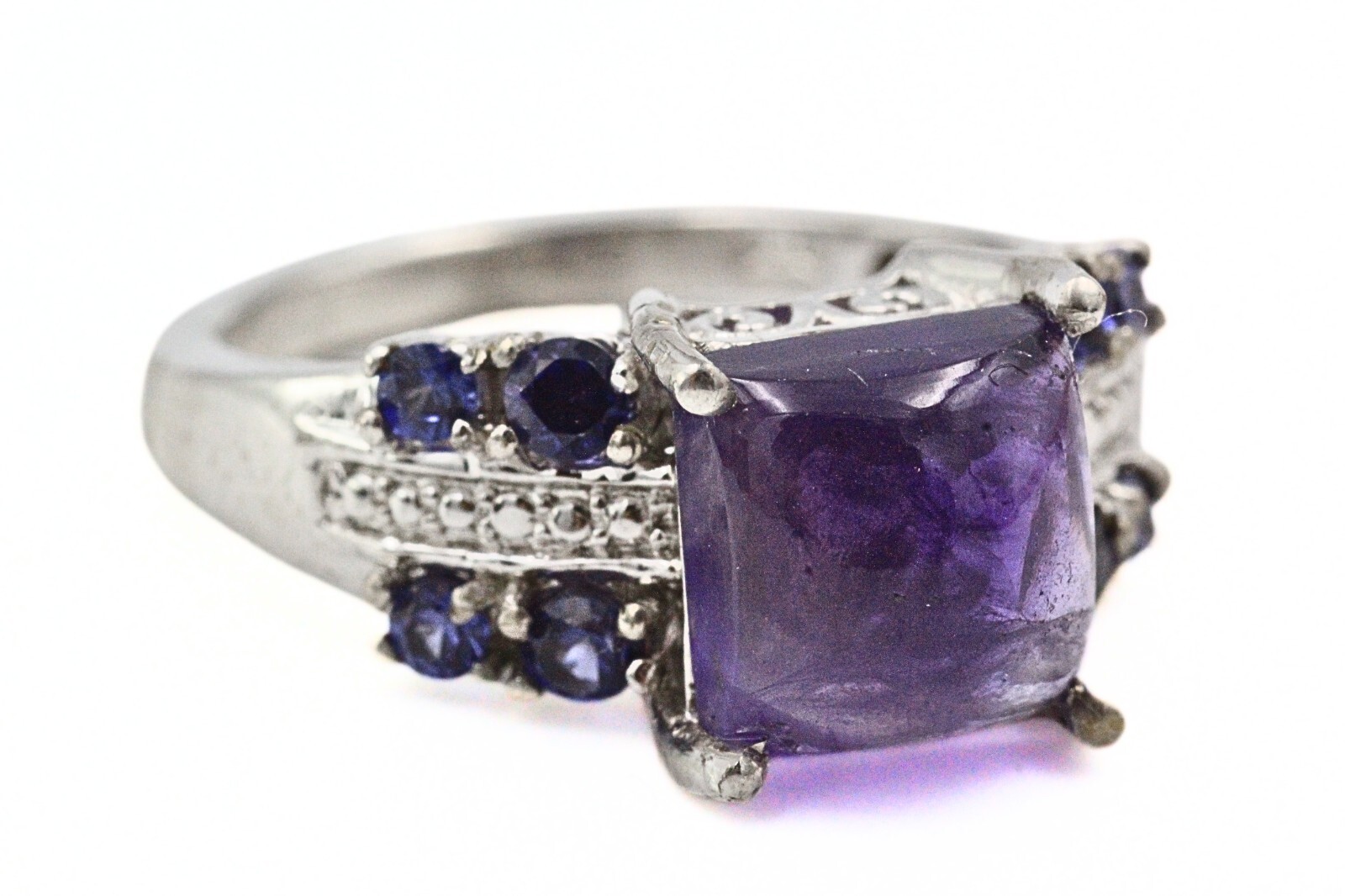 STS Karis Signed Contemporary Amethyst Rhodium Plated Cocktail Ring Sz 7