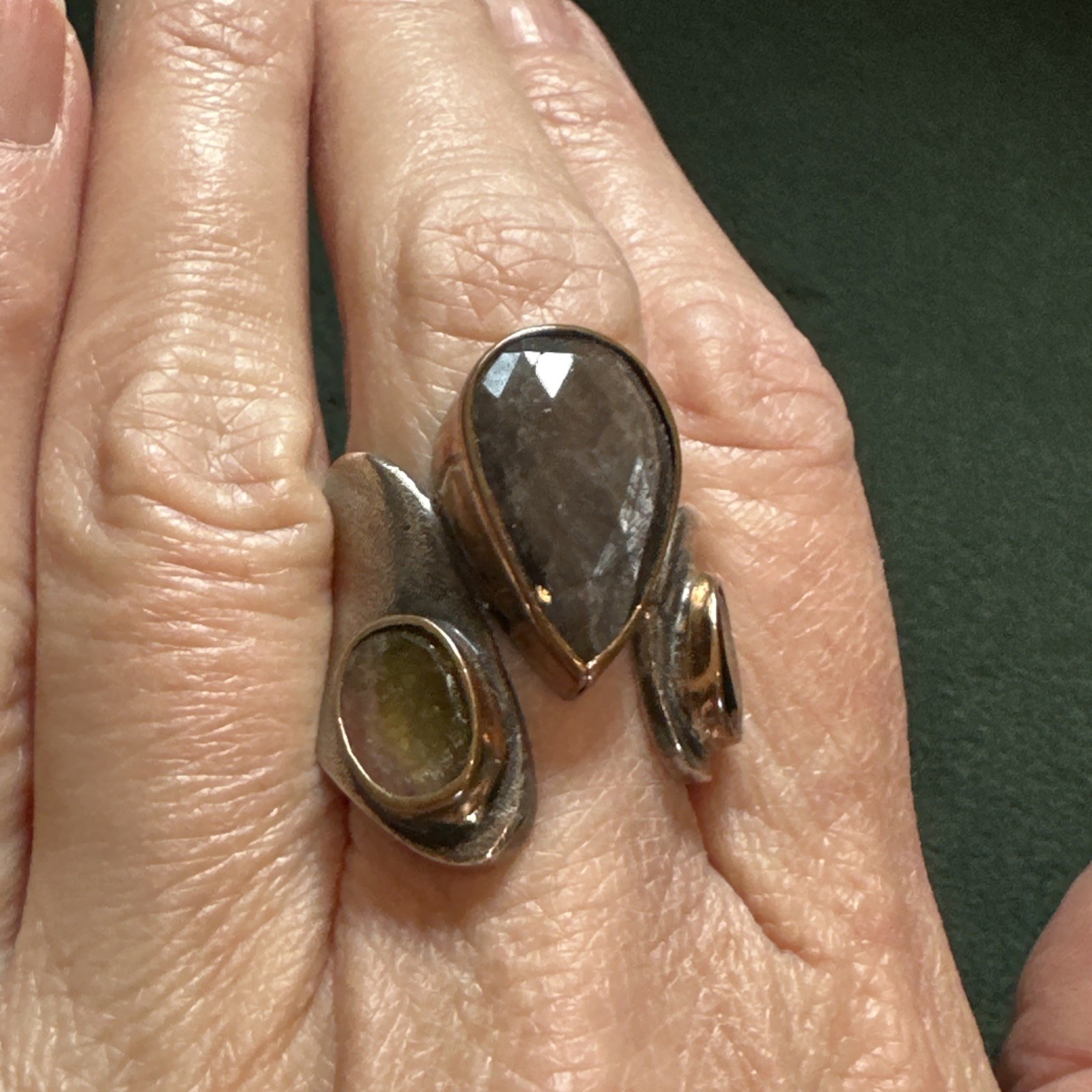 925 Silver Bora Yasar Pear Smoky Quartz & Watermelon Tourmaline Ring Size 8.5