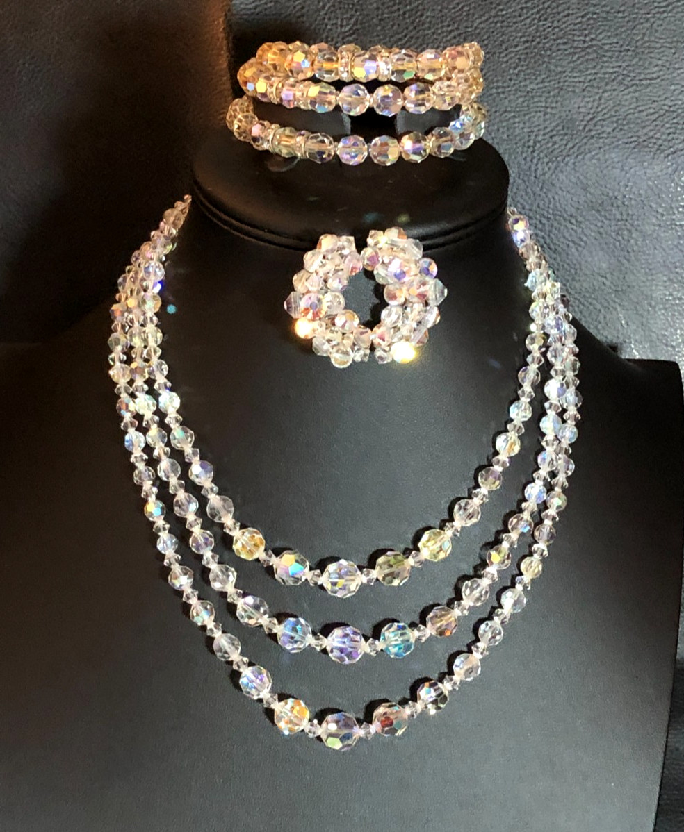 Vintage AB Crystal Bead Multi 3 Strand Necklace Earrings Bracelet Set SILVER6138