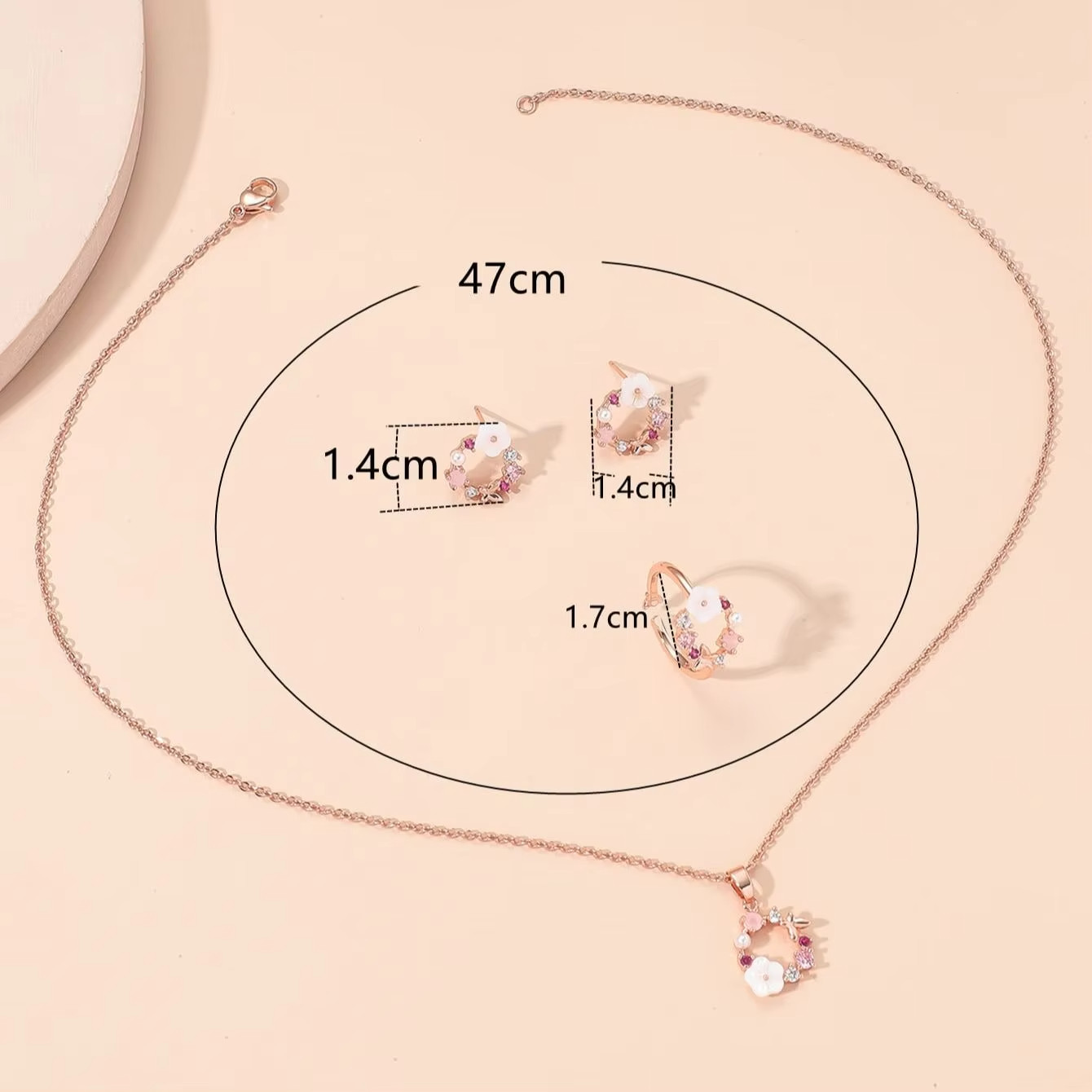 Rose Gold Flower Necklace Earrings Ring Jewelry Set – Zircon Party Accessories