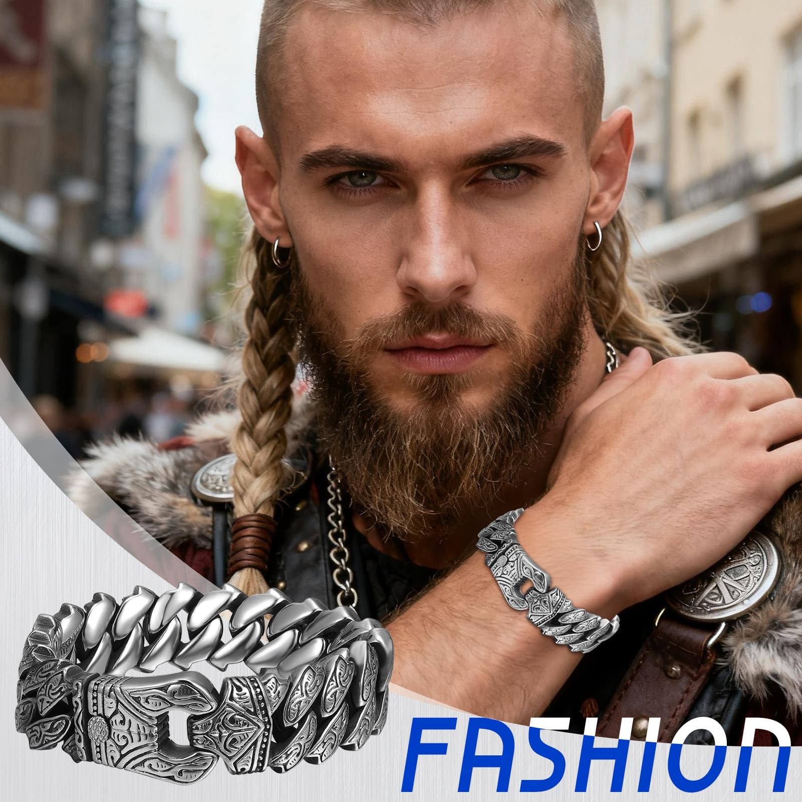 Men Viking Norse Symbols Tribal Medieval Warrior Heavy Stainless Steel Bracelet